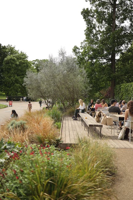 A lively outdoor garden scene featuring a wooden decking area with a group of people seated on benches and outdoor chairs, some engaging in conversation while others enjoy the environment. Surrounding the seating are lush, ornamental grasses with reddish-brown and green foliage, creating a textured border along the edge of the deck. Behind the seating, there are several trees with varying leaf colors, including one with silvery-gray leaves, and tall, leafy green hedges that provide a natural backdrop. The ground beyond the decking is a mixture of compacted earth and gravel, with pathways leading further into the garden space. The overall environment is bathed in natural daylight, suggesting a clear day, and the scene depicts a well-maintained area suitable for outdoor leisure and socializing. The garden’s design combines natural elements such as grasses, trees, and hedges with functional space for visitors, exemplifying thoughtful garden maintenance and landscaping work typical of the Waterloo gardeners guide to small South Bank terraces, as promoted by Gardeners Waterloo.